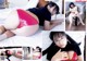 A collage of photos of a woman laying on a bed.