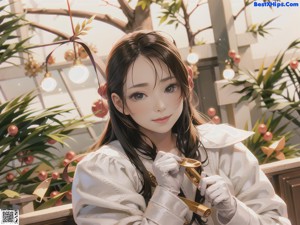 A woman in a white dress holding a gold key.